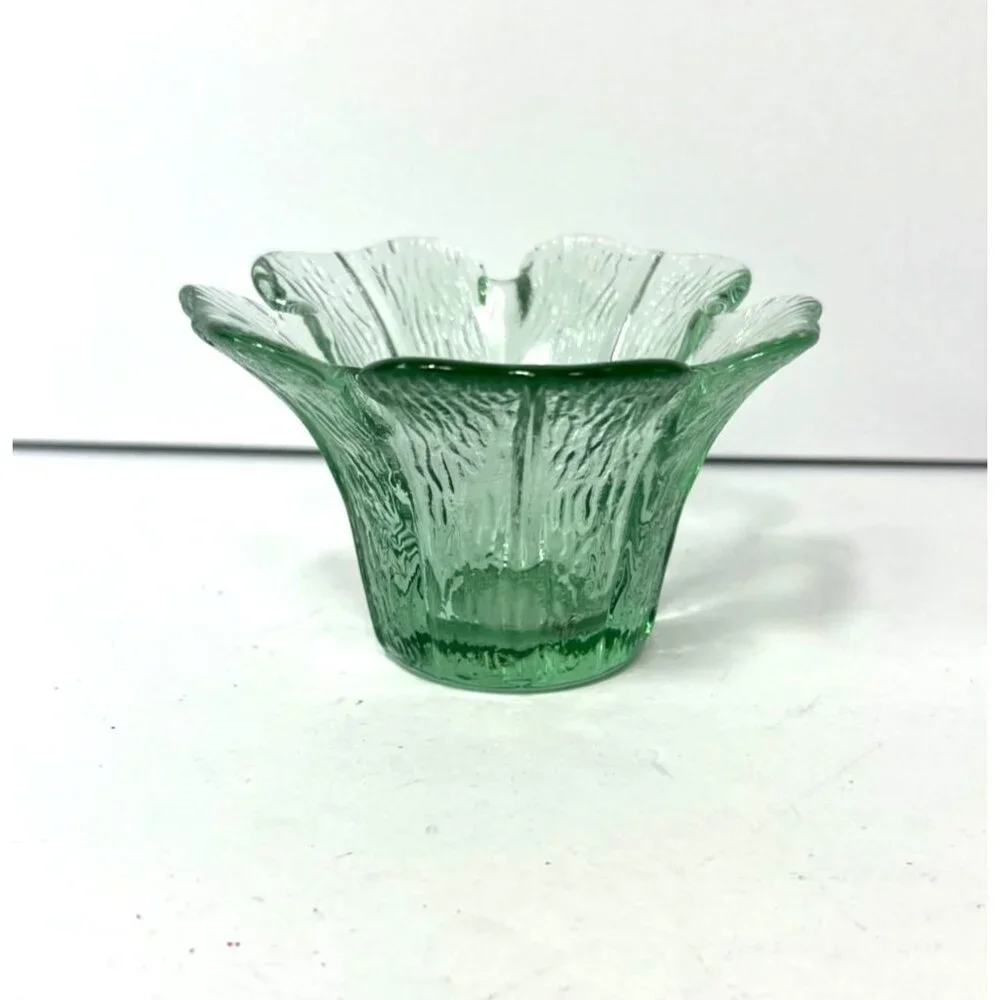 Vintage Viking Glass Green Flower Petal Votive Candle Holder